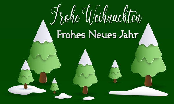 karte oder banner, um frohe weihnachten und ein gutes neues jahr in weiß auf grünem hintergrund mit schneebedeckten tannen und schnee auf dem boden zu wünschen