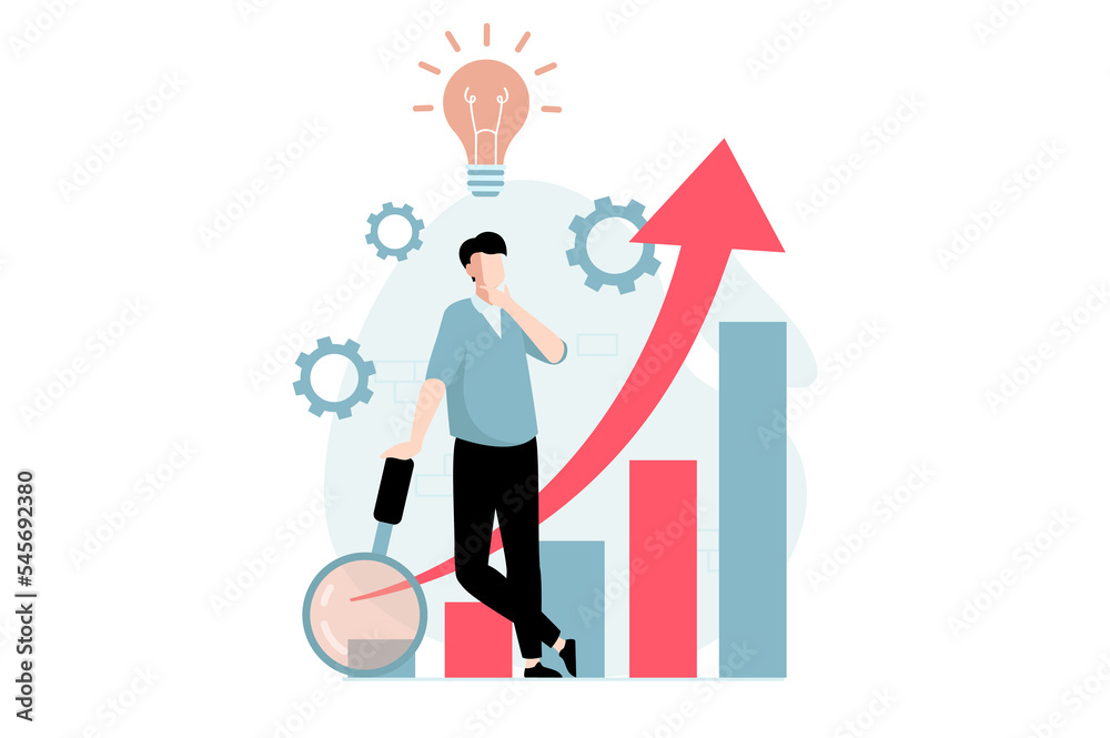 Aufkleber data science concept with people scene in flat design. man thinking and generates new ideas, making 