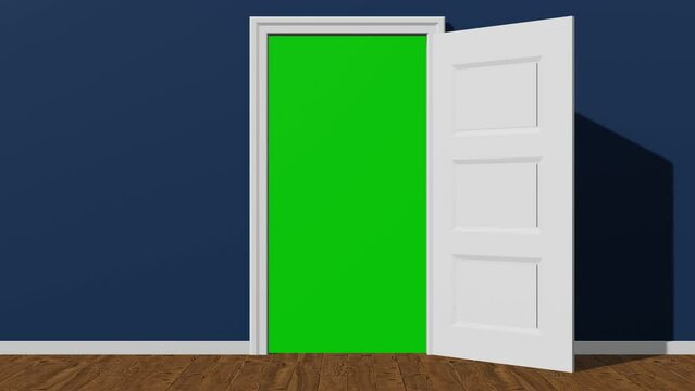 Blue room door opening to the inside, Green screen behind the door, Blue room door open with green screen portal, 4K door opening green screen animation, 3D Rendered