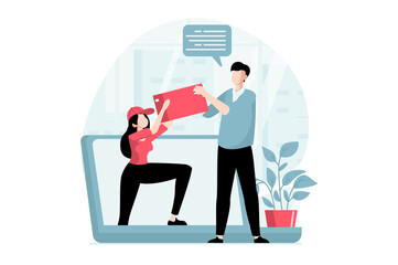 Delivery service concept with people scene in flat design. Woman courier delivering box to client. Man ordering goods online and receiving parcel. Illustration with character situation for web