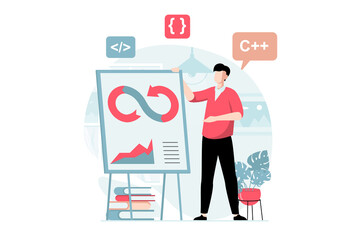 DevOps concept with people scene in flat design. Man programmer coding and creating software, optimizing workflow and agile project management. Illustration with character situation for web