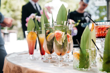 beautifully set table at a wedding banquet with delicious food and alcohol	
