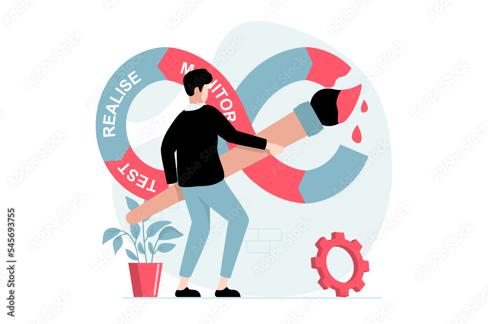 Aufkleber DevOps concept with people scene in flat design. Man creating software and working in team, using agile project management and optimizing workflow. Illustration with character situation for web