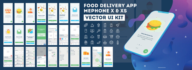 Food delivery mobile app ui kit including sign up, food menu, booking and home service type review screens.