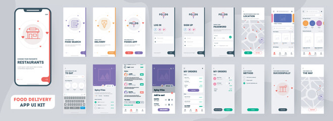 Food delivery mobile app ui kit including sign up, food menu, booking and home service type review screens.
