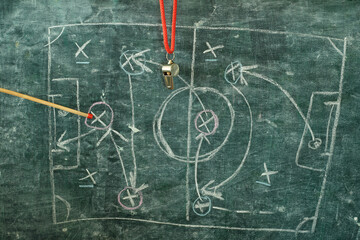 Whistle of soccer referee or trainer, pointer and soccer tactics diagram scribble. Great soccer...