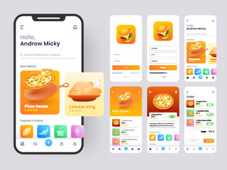 Food mobile app ui kit including sign up, food menu, booking and home service type review screens.