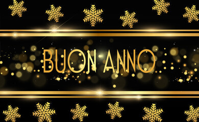 biglietto o striscione per augurare un felice anno nuovo in oro tra due righe in alto e in basso su sfondo nero con stelle, glitter color oro e cerchi dorati effetto bokeh