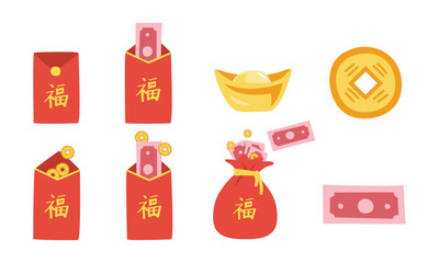 Vector set of Chinese New Year money clipart. Simple Chinese red envelope, gold ingot, ancient golden coin with hole, money bag flat vector illustration cartoon drawing. Chinese text means 