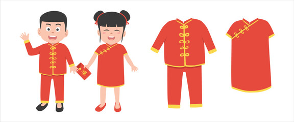 Vector set of Chinese New Year clothes clipart. Cute Chinese boy and girl in red traditional clothes flat vector illustration cartoon. Red envelope text means "Good Luck". Asian Lunar New Year concept