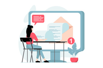 Email service concept with people scene in flat design. Woman writing new letters and communicate online using mail client program at computer. Illustration with character situation for web