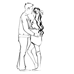 Cute couple kissing Black and white style Illustration on the white background 
