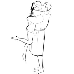 Cute couple kissing Black and white style Illustration on the white background 

