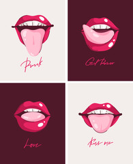 Set of tongue piercing. 4 colorful illustration in flat style