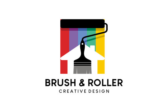 Paint roller and brush silhouette logo design combined with rainbow color concept, wall paint logo, house and building