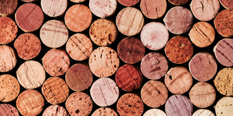 Banner of wine cork from red wine, natural texture used bottle stoppers top view, red gradient. horizontal background from closeup wooden corks. Natural textured stoppers colored wide banner