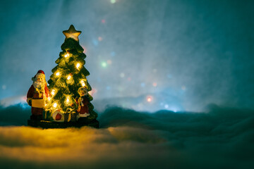 harmonious christmas background with santa, christmas tree and presents