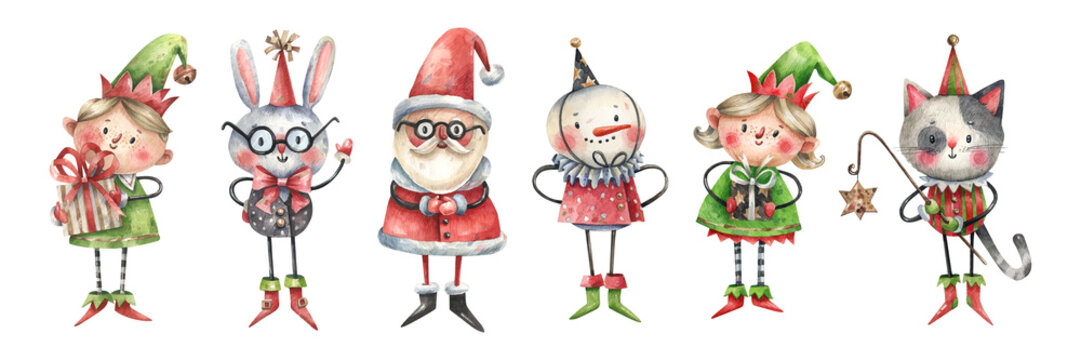 Set of Christmas, New Year characters isolated on white background. Santa claus, snowman, elves and animals in carnival costumes. Watercolor cartoon illustration.