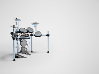 3d illustration blue drum kit with electric amplifier on gray background with shadow