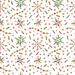 New Year, Christmas decorations seamless pattern on white background. Snowflakes, stars, beads, bugles, garlands festive background. Watercolor illustration.
