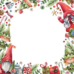 Christmas, new year square frame with cute traditional characters, gifts, sweets in cartoon style. Brownies, elves, fly agaric, santa claus watercolor illustration. Christmas card.