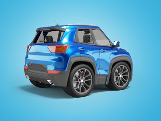 3d illustration of blue car rear view on blue background with shadow