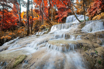 Amazing in nature, beautiful waterfall at colorful autumn forest in fall season	