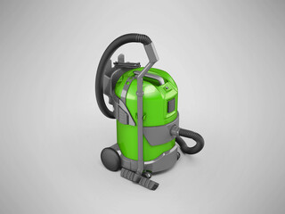 3D illustration of green professional vacuum cleaner on gray background with shadow