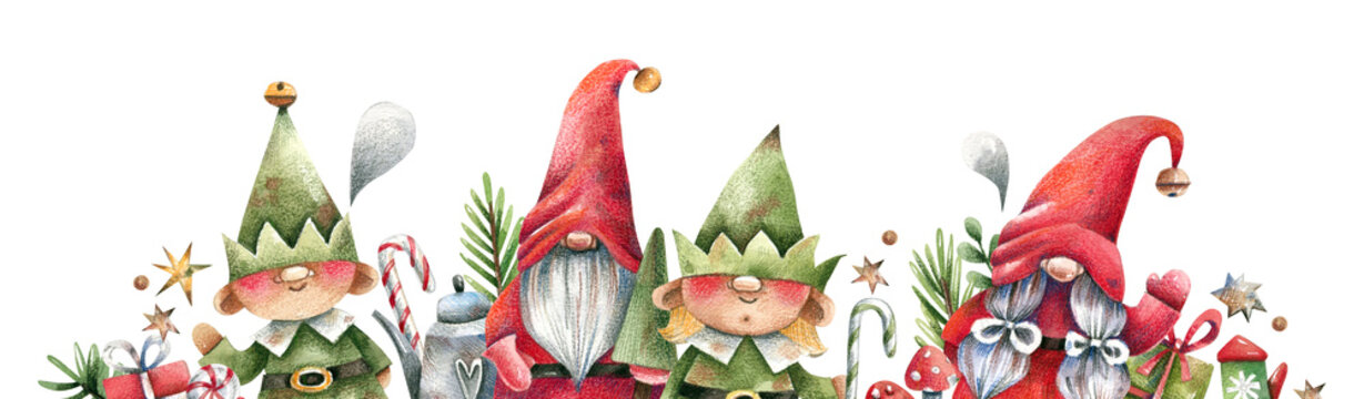 Christmas, New Year characters - brownies, elves and gnomes with gifts and sweets watercolor illustration. Cute, traditional winter characters composition isolated on white background.
