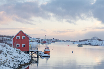 Red Boathouse and  winter in Salhussundet,Brønnøy,Helgeland,Norway,Europe