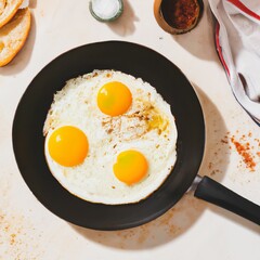 A hot skillet topped with cooked eggs is set on a table