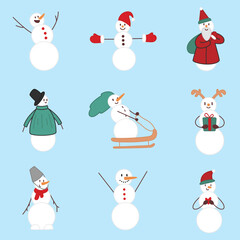 Snowman winter vacation set. Funny snowmen in different costumes