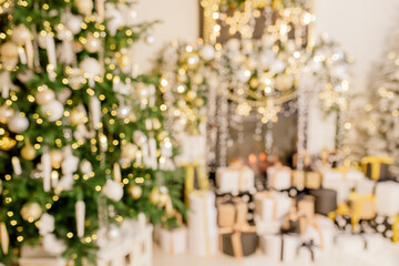 Beautiful holiday decorated room with Christmas tree and bright lights , out of focus shot for photo background. Blur christmas background