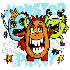 Illustration for t-shirts with cool monsters. Vector graphic on white background with graffiti words