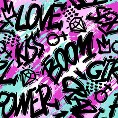 Obraz premium Abstract seamless chaotic pattern with urban elements, graffiti, words. Grunge neon texture background. Wallpaper for girls. Fashion teen style