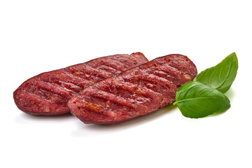 German grilled pork sausages, close-up, isolated on white background.