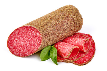 Traditional salami sausage with spices, isolated on white background.
