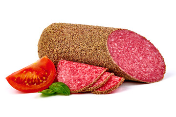 Traditional salami sausage with spices, isolated on white background.