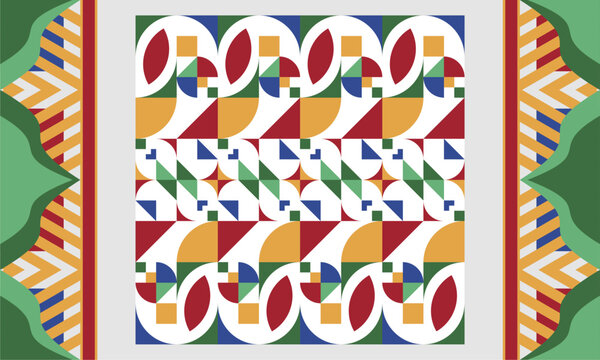 Geometric abstract background. By using 5 basic colors. And a little ornament on the right and left. Perfect for designing web backgrounds, banners and other design assets