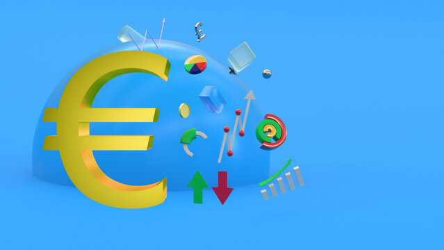 Euro symbol rises against the background of abstract multi-colored figures, arrows and diagrams. 3D rendering. Financial concept. Currency market