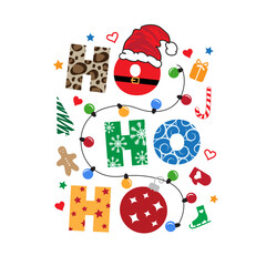 Ho ho ho greeting concept. Text, red Santa Claus hat, cookie, garland, snowflakes, stars, lollipop and other Christmas baubles on a white background.