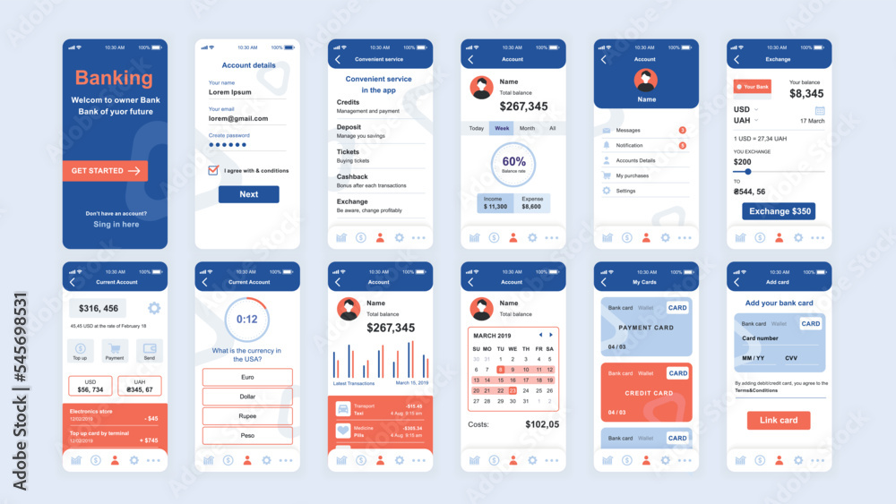 Wall mural set of ui, ux, gui screens banking app flat design template for mobile apps, responsive website wire