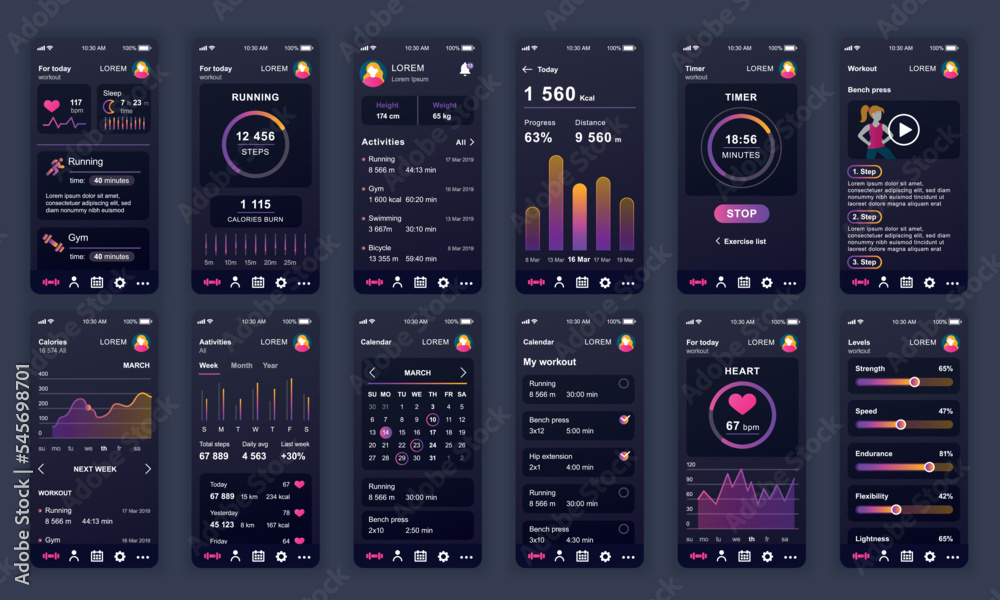 Wall mural set of ui, ux, gui screens fitness app flat design template for mobile apps, responsive website wire
