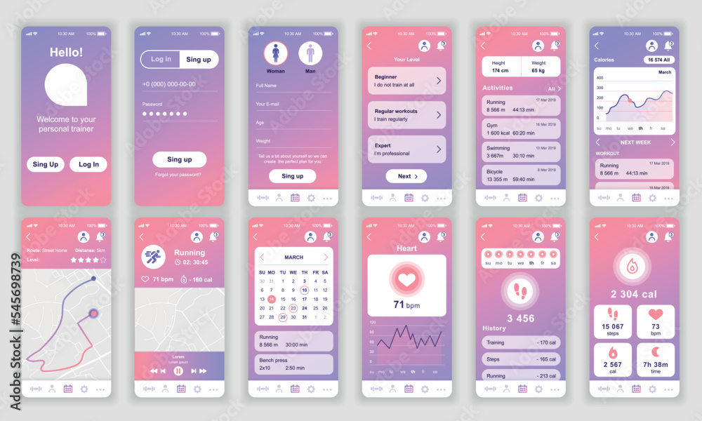 Wall mural set of ui, ux, gui screens fitness app flat design template for mobile apps, responsive website wire