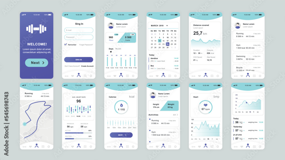 Wall mural set of ui, ux, gui screens fitness app flat design template for mobile apps, responsive website wire