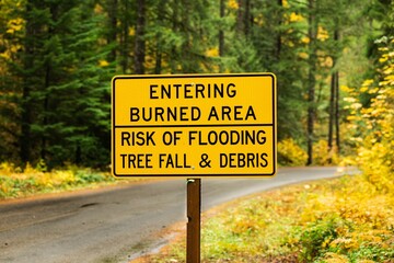 Selective focus shot of an entering burned area sign on the side of a road in a forest