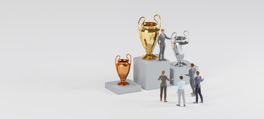 Isometric businessman speaking at a podium about trophy , public speaker, business meeting concept. 3d rendering.