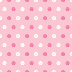 Cute cartoon style white and pink pills, medications vector seamless pattern background.
