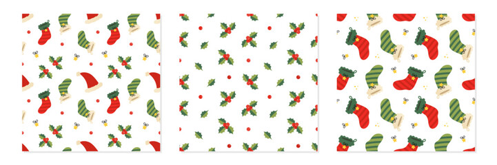 Set, collection of three vector seamless pattern backgrounds with red santa hats, decorated christmas socks and mistletoe. Christmas backgrounds.
