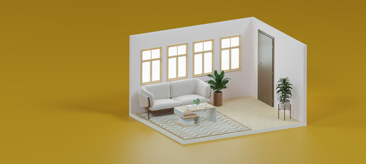 Isometric realistically Living room open inside interior architecture, 3d rendering.